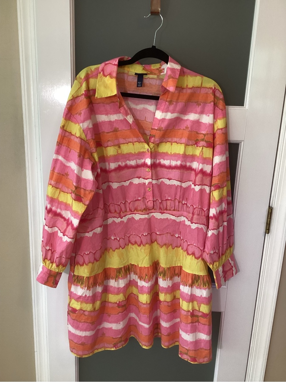 Scoop Watercolor Stripe Button-Front Mini Dress in Pink & Yellow XXXL (22)